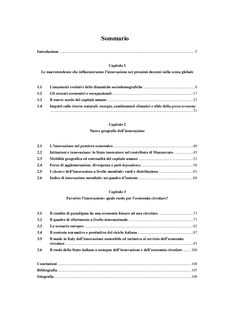 Indice della tesi: Nuove geografie dell'innovazione: quali ruoli per l'economia circolare?, Pagina 1