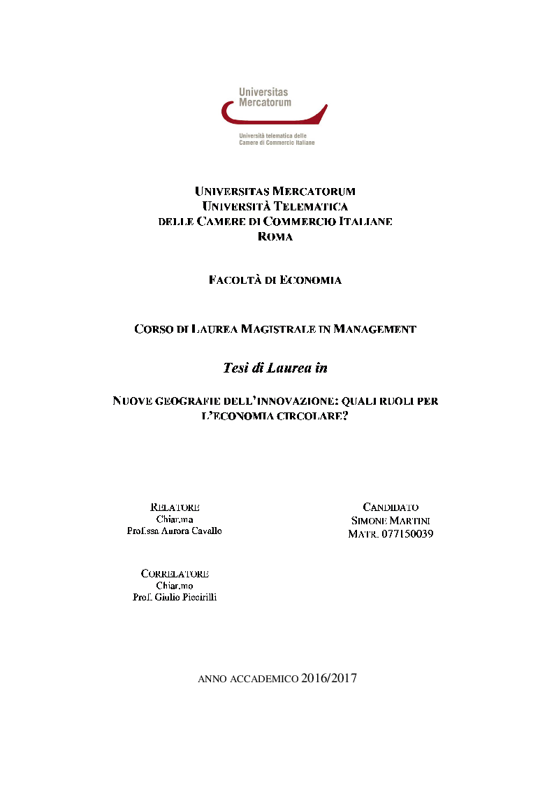 Anteprima della tesi: Nuove geografie dell'innovazione: quali ruoli per l'economia circolare?, Pagina 1