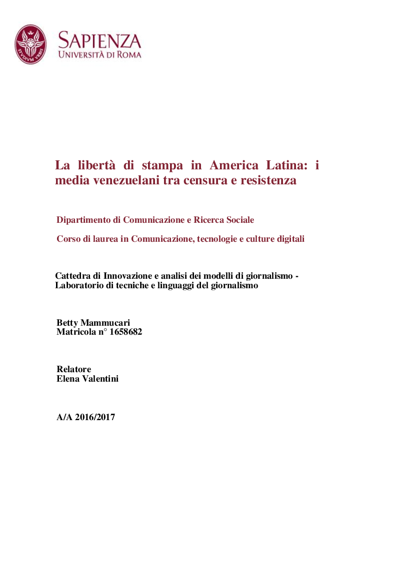 Anteprima della tesi: La libertà di stampa in America Latina: i media venezuelani tra censura e resistenza , Pagina 1