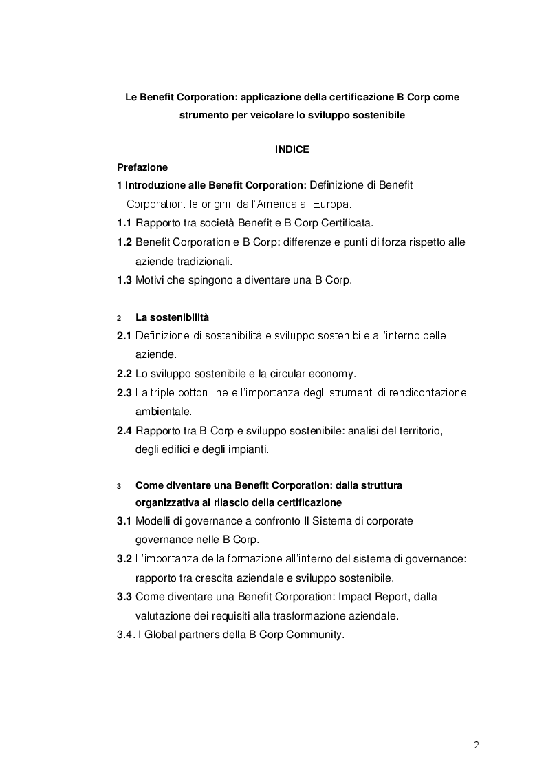 Indice della tesi: Le Benefit Corporation: applicazione della certificazione B Corp come strumento per veicolare lo sviluppo sostenibile, Pagina 1