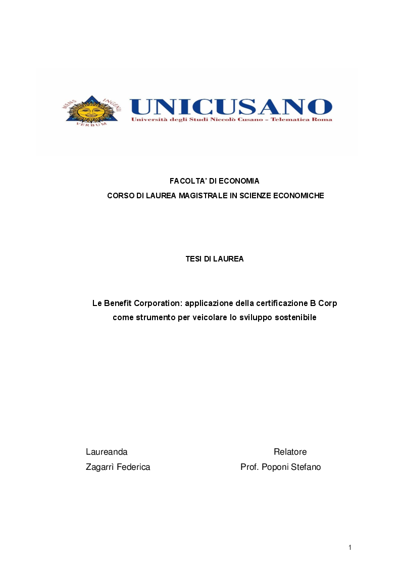Anteprima della tesi: Le Benefit Corporation: applicazione della certificazione B Corp come strumento per veicolare lo sviluppo sostenibile, Pagina 1