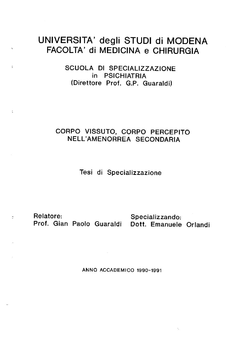 Anteprima della tesi: Corpo Vissuto, Corpo Percepito nell'Amenorrea Secondaria, Pagina 1