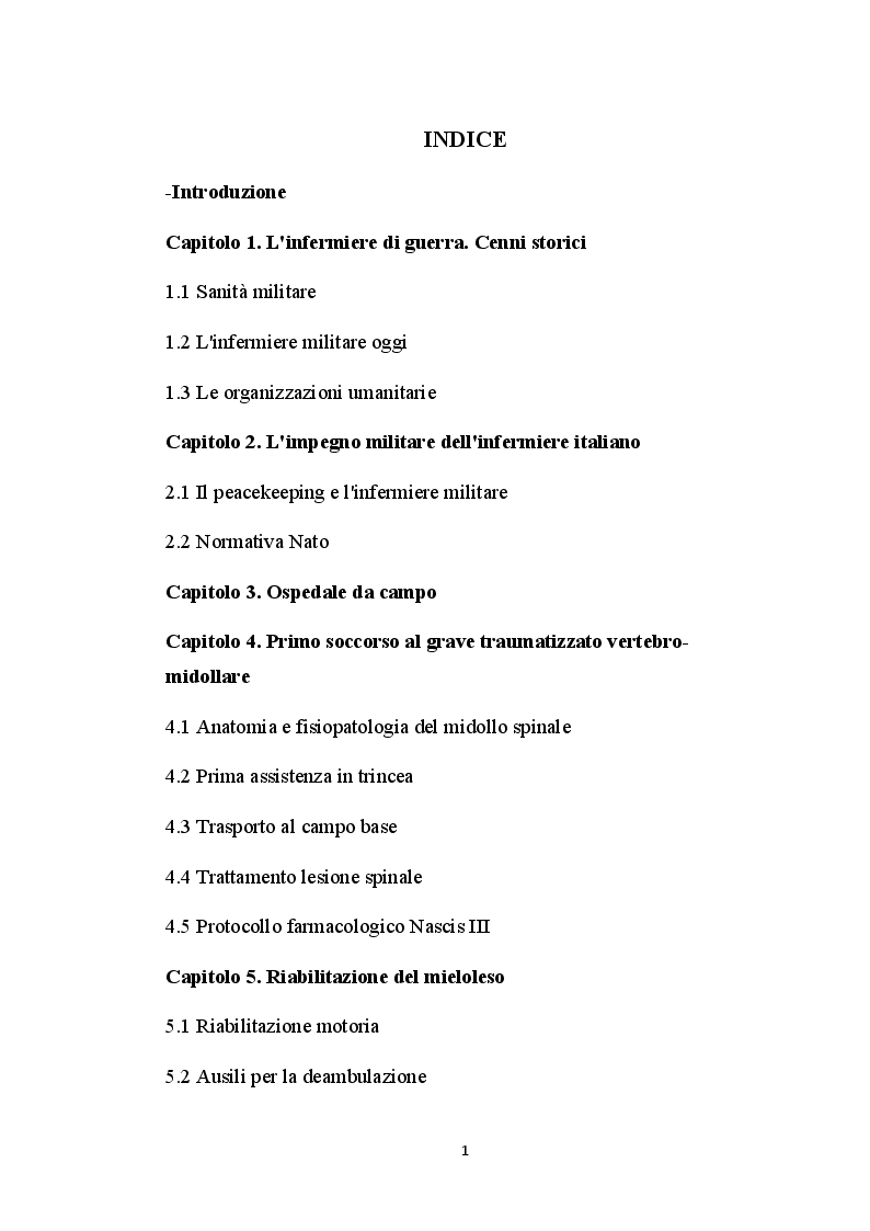 Indice della tesi: L'infermiere militare in prima linea nelle missioni del nuovo millennio. Soccorso immediato ed assistenza specialistica ad un paziente con paraplegia post traumatica., Pagina 1