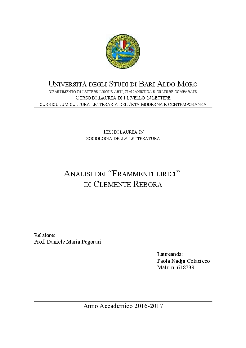 Anteprima della tesi: Analisi dei Frammenti lirici di Clemente Rebora, Pagina 1