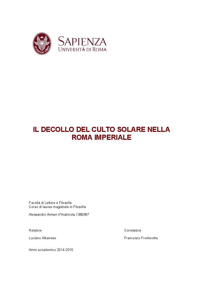 Anteprima della tesi: Il decollo del culto solare nella Roma imperiale, Pagina 1