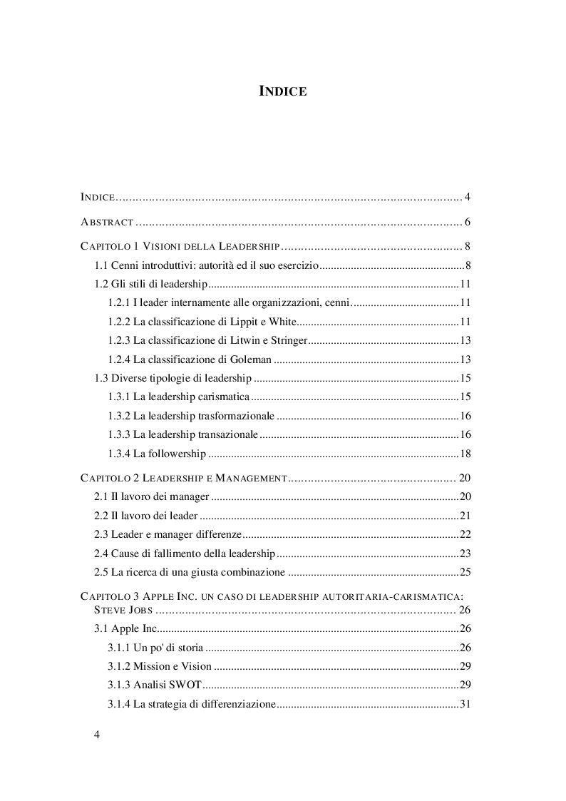 Indice della tesi: La leadership e il caso Steve Jobs, Pagina 1