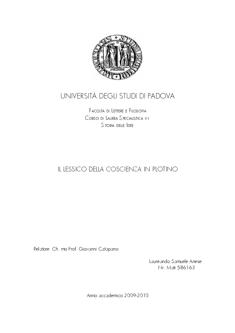 Anteprima della tesi: Il lessico della coscienza in Plotino, Pagina 1