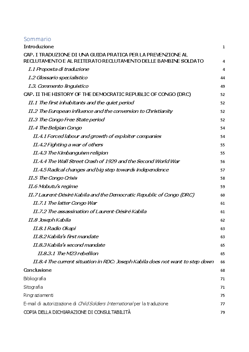 Indice della tesi: Child Soldiers International: la situazione delle bambine soldato nella Repubblica Democratica del Congo, Pagina 1