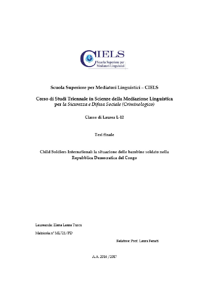 Anteprima della tesi: Child Soldiers International: la situazione delle bambine soldato nella Repubblica Democratica del Congo, Pagina 1