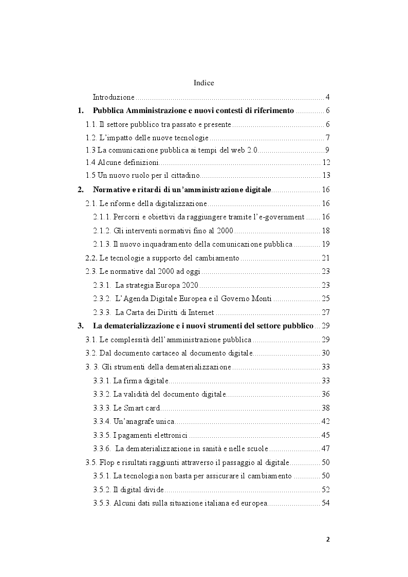 Indice della tesi: Le priorità del digitale e la svolta 3.0 del comune di Pesaro, Pagina 1