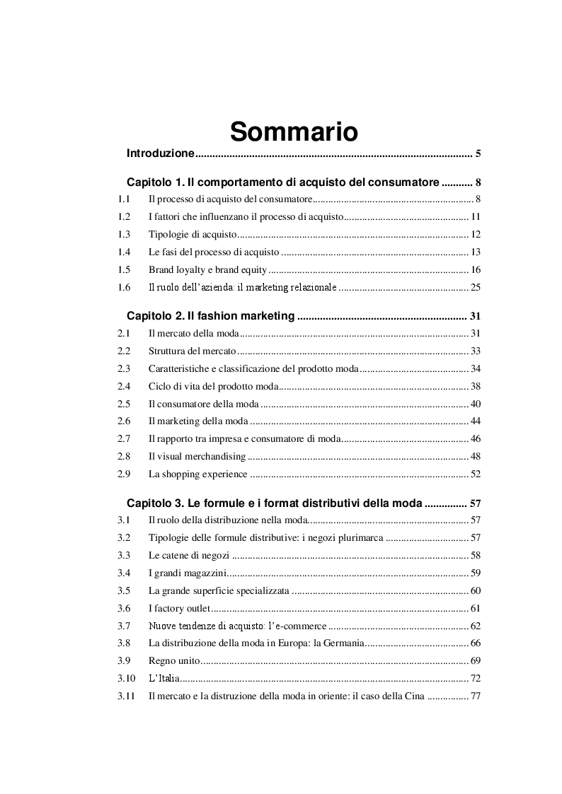 Indice della tesi: Il comportamento del consumatore nel comparto cheap fashion. Il caso Zara, Pagina 1