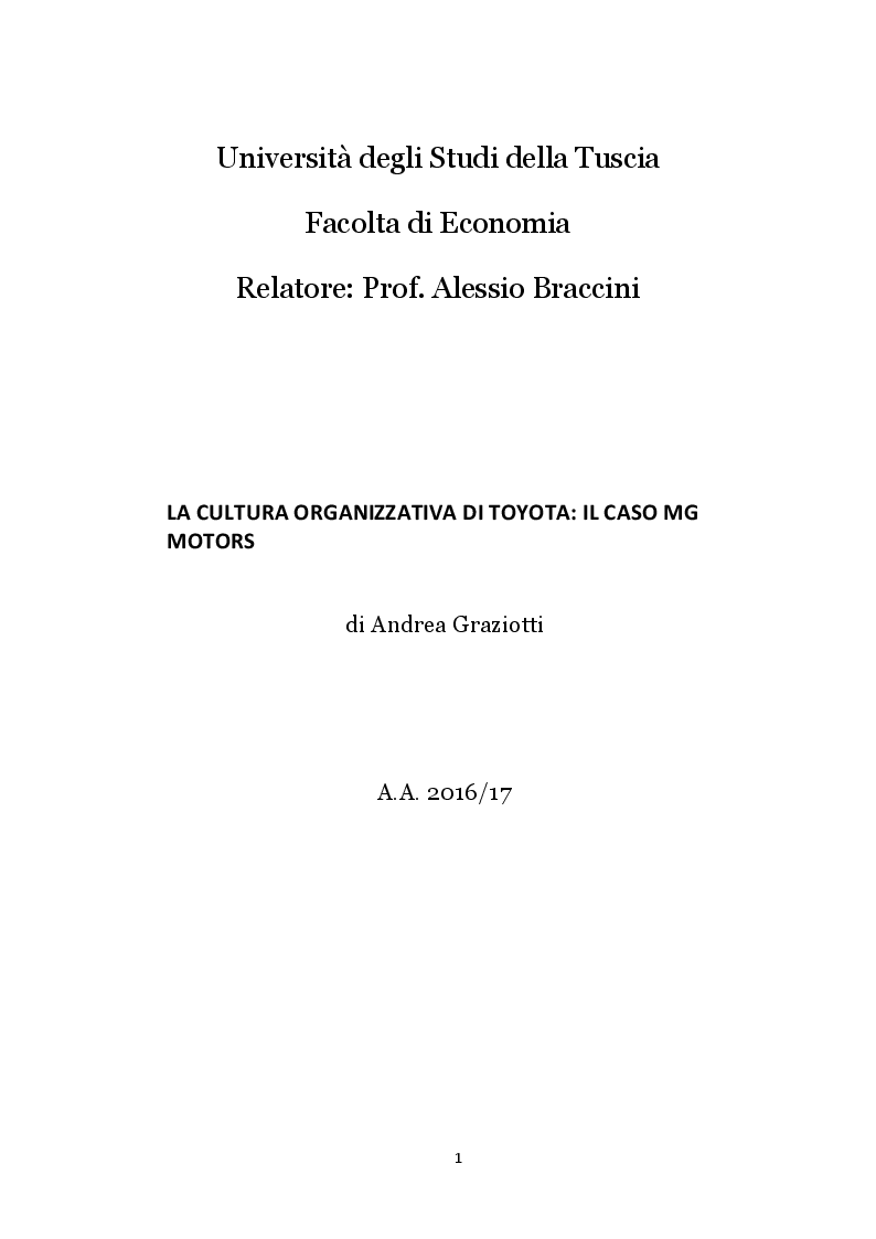 Anteprima della tesi: La Cultura Organizzativa di Toyota: il caso MG Motors, Pagina 1