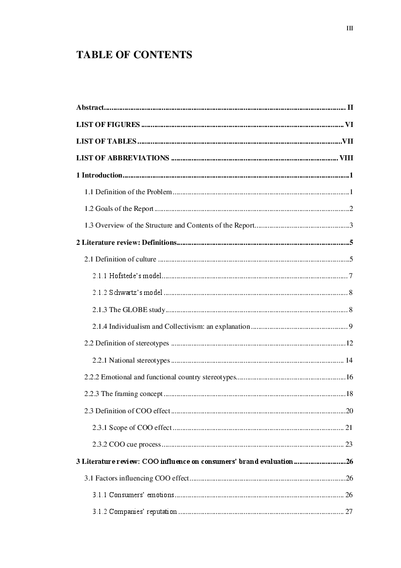 Indice della tesi: Country of origin and stereotypes’ influence on the brand evaluation of a product, Pagina 1