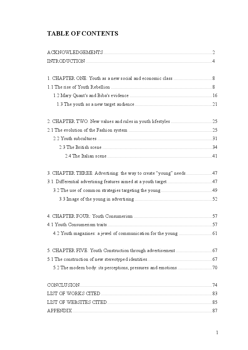 Indice della tesi: Youth Culture influence(d) on/by advertising strategies, Pagina 1