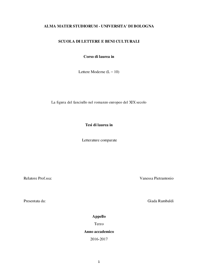Anteprima della tesi: La figura del fanciullo nel romanzo europeo del XIX secolo, Pagina 1
