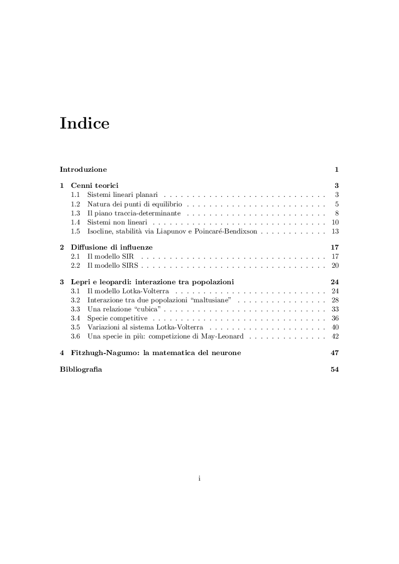 Indice della tesi: Le equazioni differenziali in biologia, Pagina 1