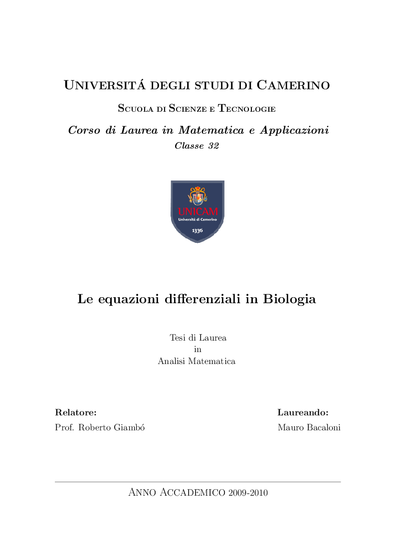 Anteprima della tesi: Le equazioni differenziali in biologia, Pagina 1