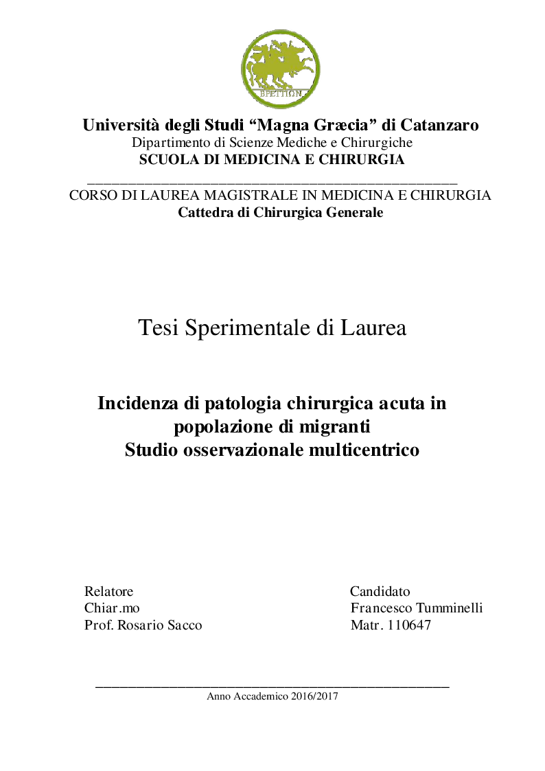 Anteprima della tesi: Incidenza di Patologia Chirurgica acuta in popolazione di migranti Studio osservazionale multicentrico, Pagina 1