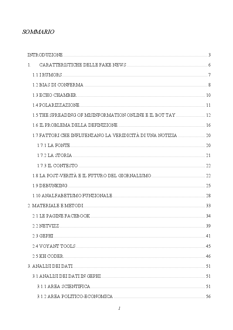 Indice della tesi: Le fake news nelle pagine facebook italiane, Pagina 1