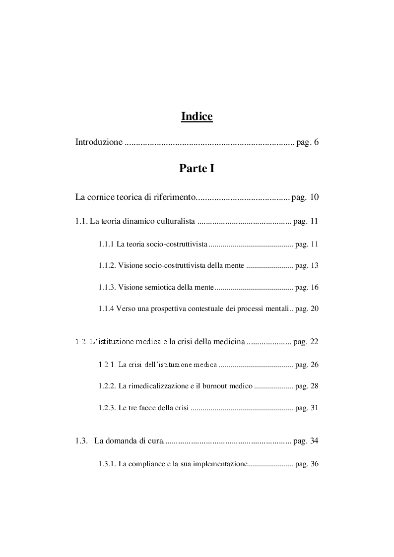 Indice della tesi: Dinamiche istituzionali della relazione medico paziente: analisi ed interpretazione dei cluster, Pagina 1