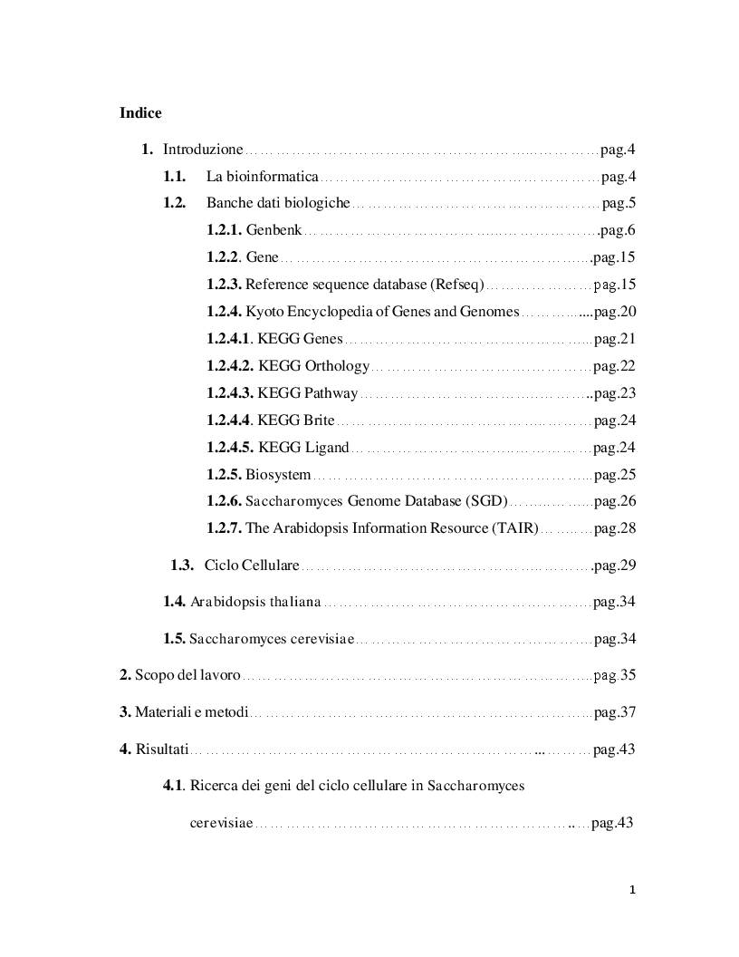 Indice della tesi: Analisi comparativa dei geni del ciclo cellulare in A. Thaliana e S. Cerevisiae, Pagina 1