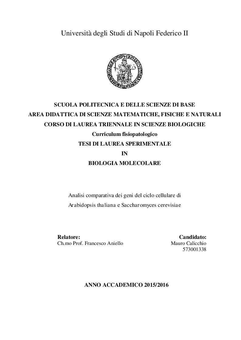 Anteprima della tesi: Analisi comparativa dei geni del ciclo cellulare in A. Thaliana e S. Cerevisiae, Pagina 1