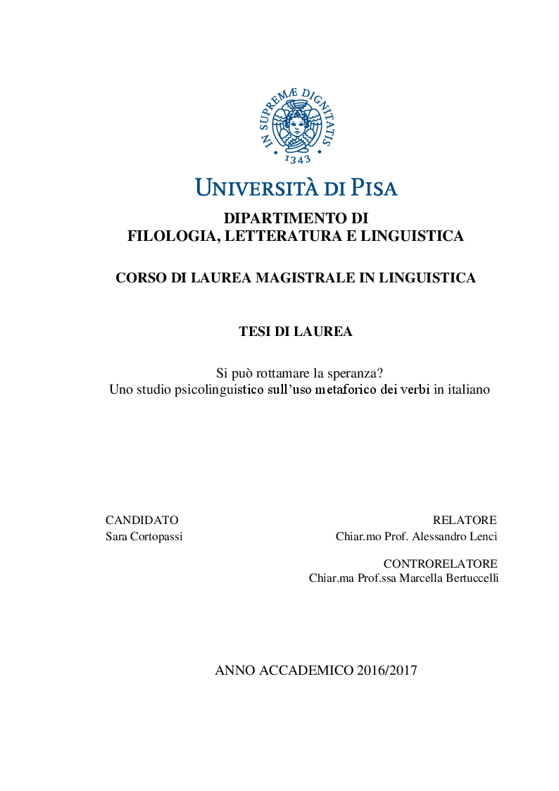 Anteprima della tesi: Si può rottamare la speranza? Uno studio psicolinguistico sull’uso metaforico dei verbi in italiano, Pagina 1
