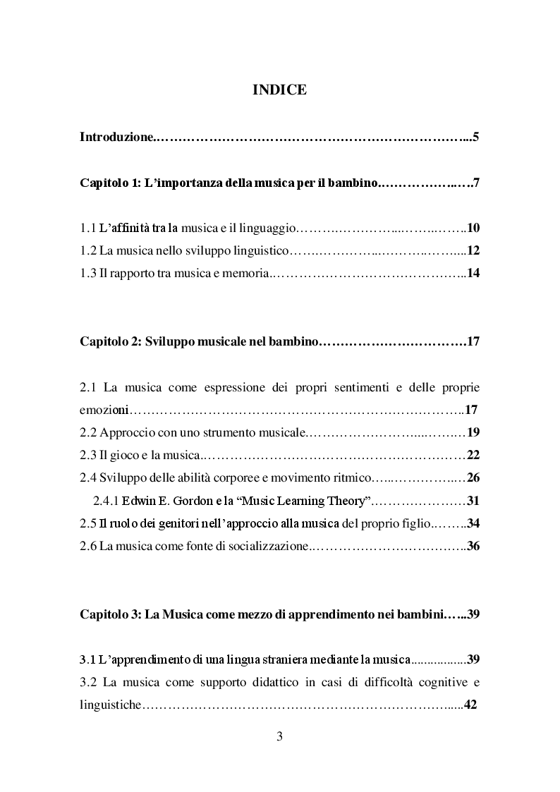Indice della tesi: Il valore della musica nello sviluppo del bambino, Pagina 1