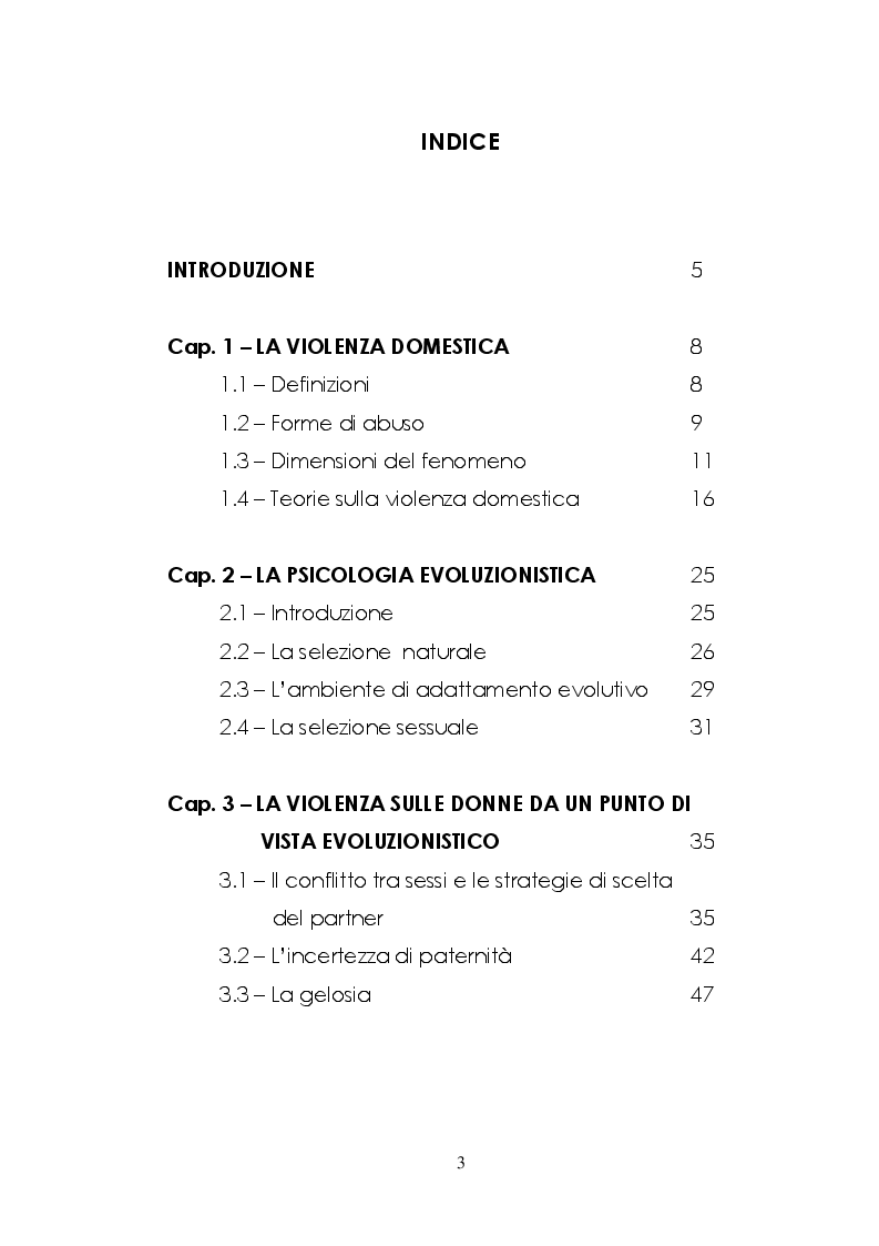 Indice della tesi: Le Radici Evoluzionistiche della Violenza sulle Donne, Pagina 1