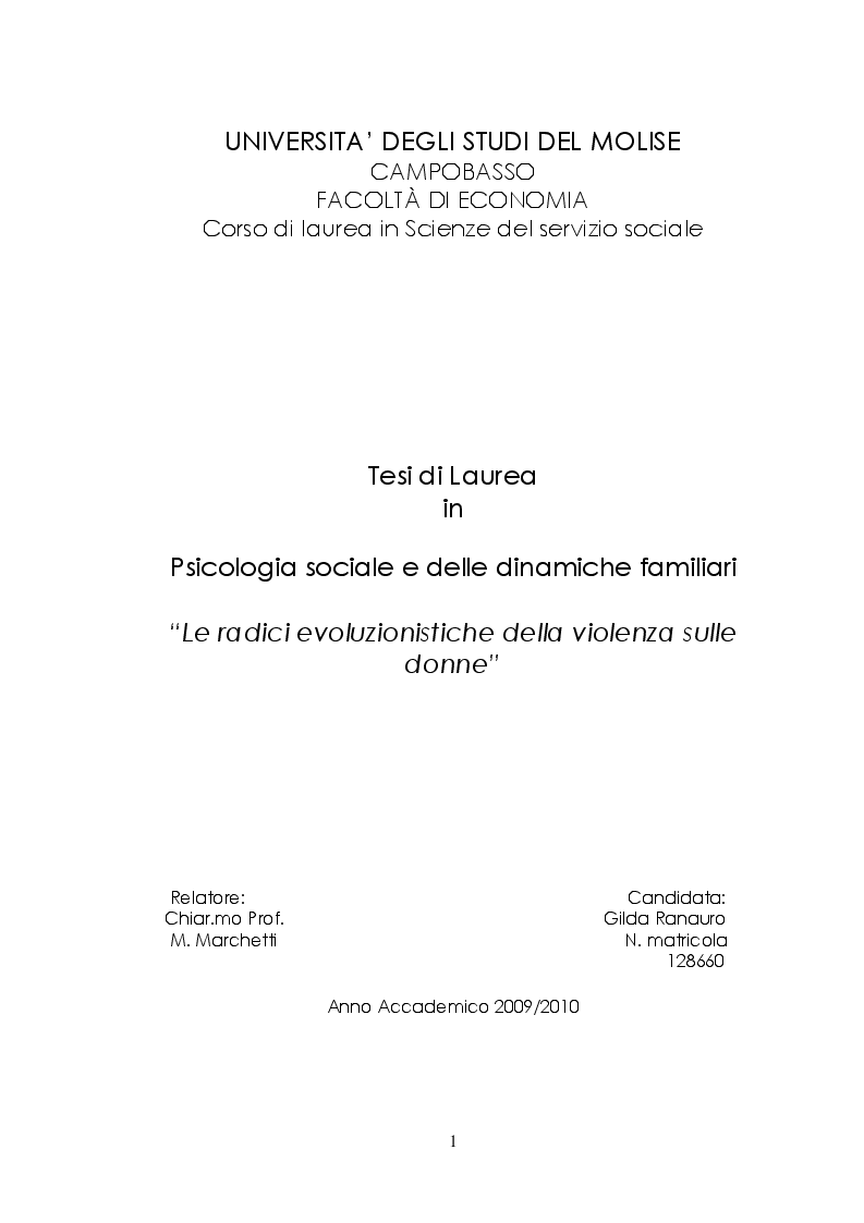 Anteprima della tesi: Le Radici Evoluzionistiche della Violenza sulle Donne, Pagina 1