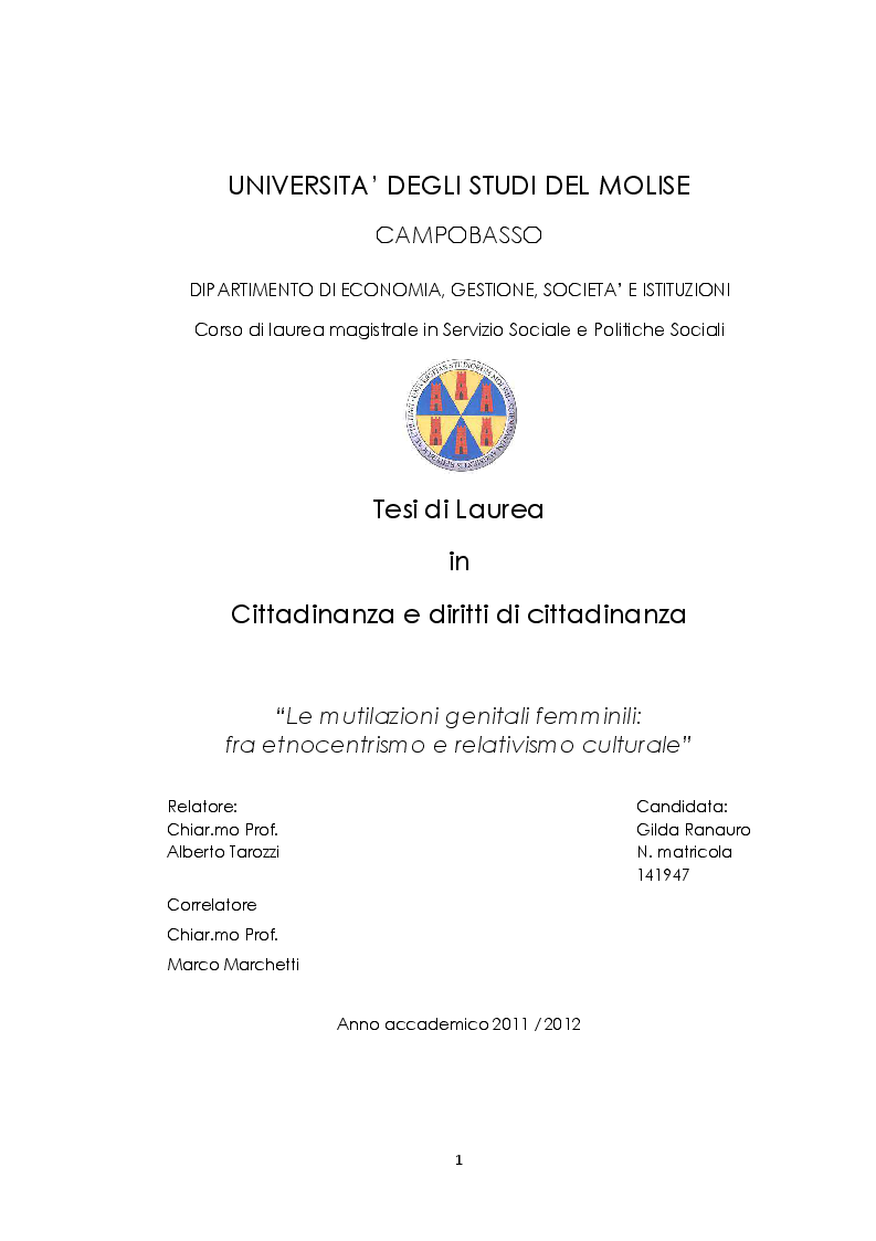 Anteprima della tesi: Le mutilazioni genitali femminili: fra etnocentrismo e relativismo culturale, Pagina 1