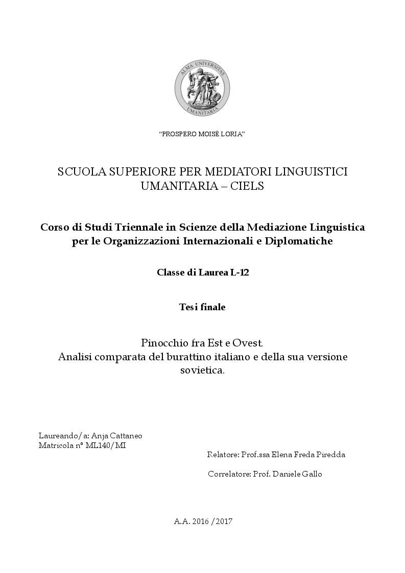Anteprima della tesi: Pinocchio fra Est e Ovest. Analisi comparata del burattino italiano e della sua versione sovietica., Pagina 1