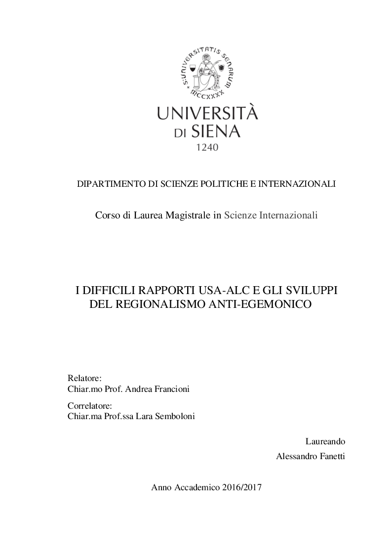 Anteprima della tesi: I difficili rapporti USA-ALC e gli sviluppi del regionalismo anti-egemonico, Pagina 1