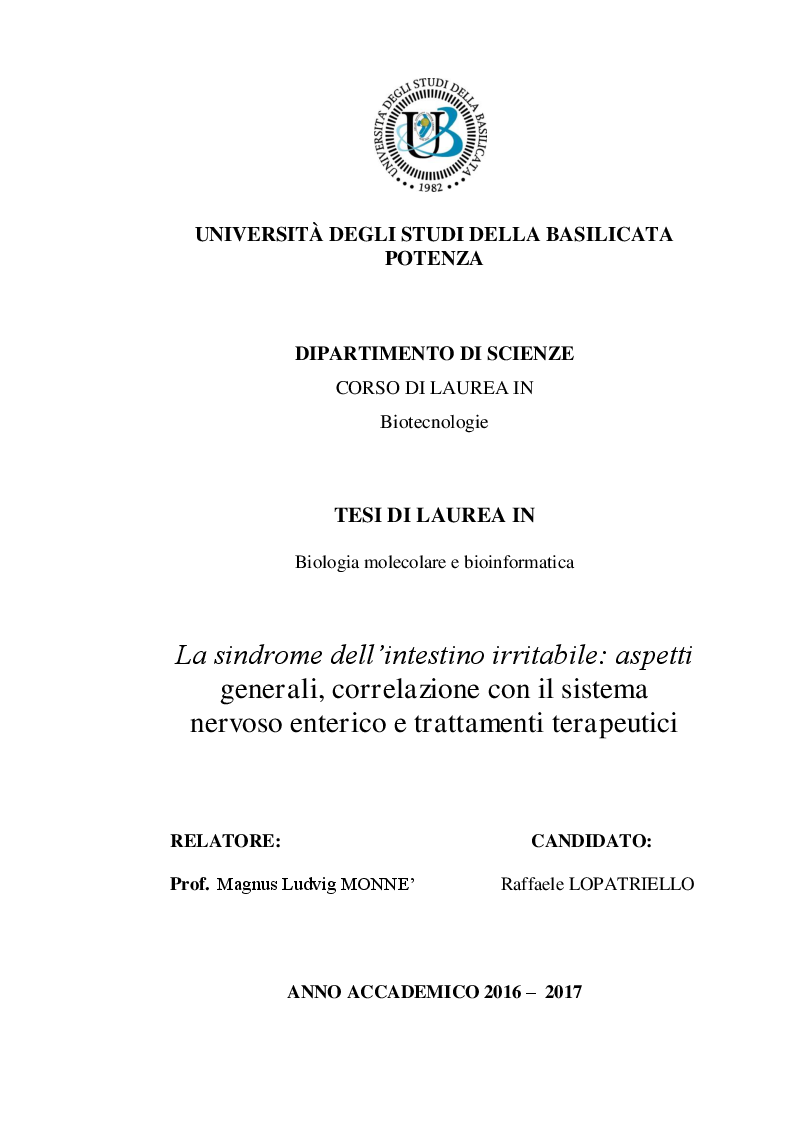 Anteprima della tesi: La sindrome dell’intestino irritabile: aspetti generali, correlazione con il sistema nervoso enterico e trattamenti terapeutici, Pagina 1