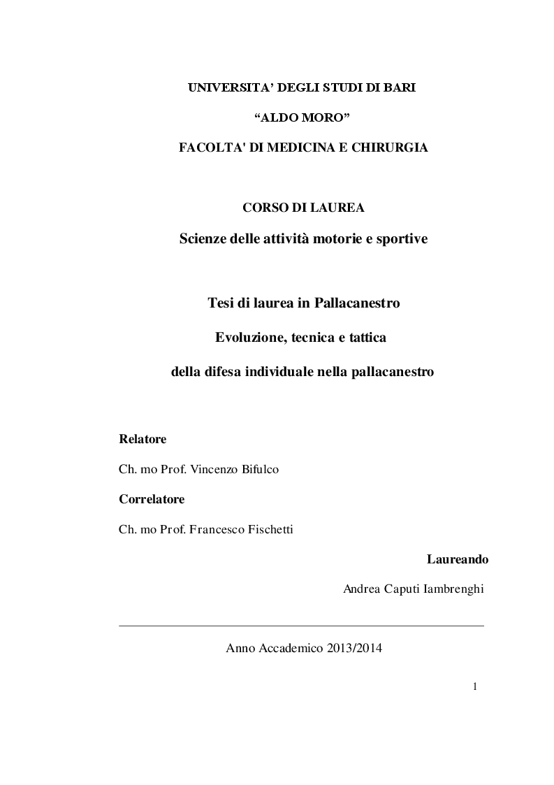 Anteprima della tesi: Evoluzione, tecnica e tattica della difesa individuale nella pallacanestro, Pagina 1