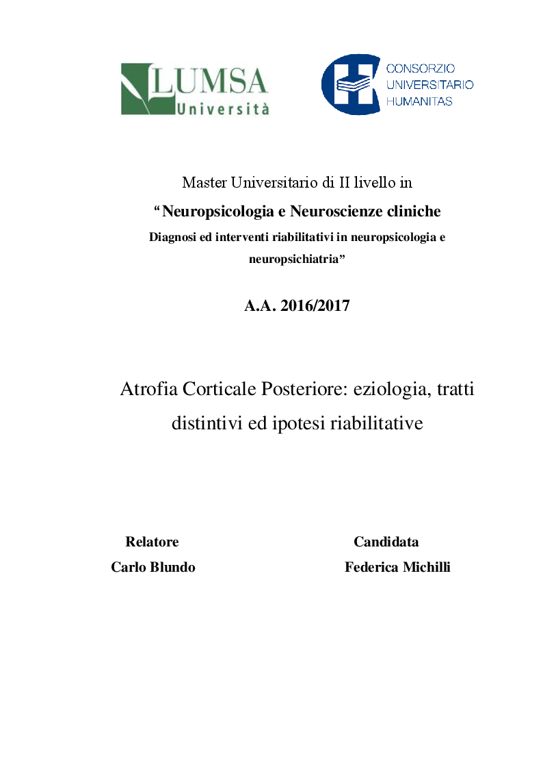 Anteprima della tesi: Atrofia Corticale Posteriore: eziologia, tratti distintivi ed ipotesi riabilitative, Pagina 1