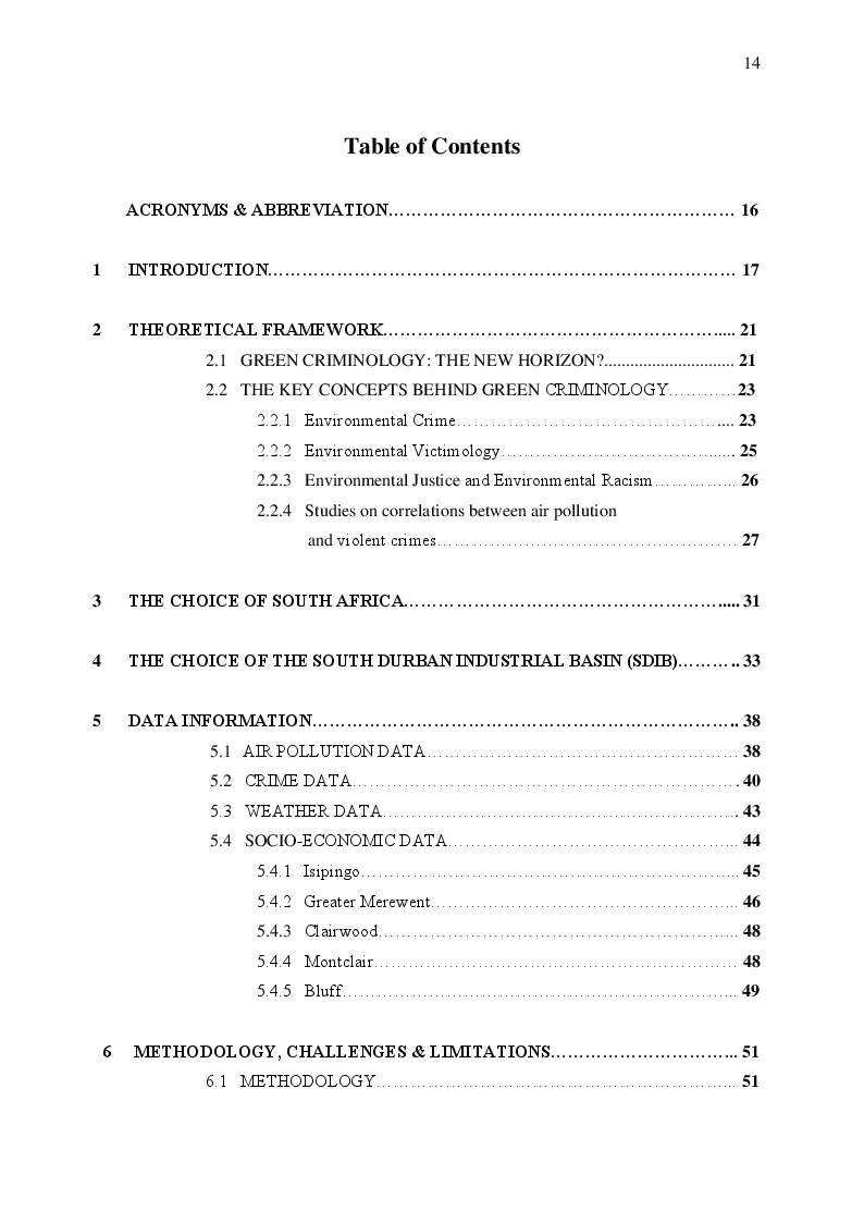 Indice della tesi: The Urgency of a “Green Criminology”: A Case Study of Air Pollution, Criminal Activity and Environmental Perception in the South Durban Basin (South Africa), Pagina 1