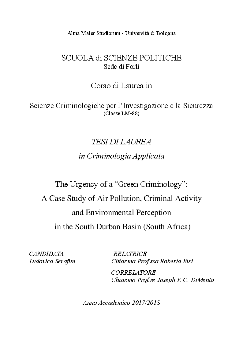 Anteprima della tesi: The Urgency of a “Green Criminology”: A Case Study of Air Pollution, Criminal Activity and Environmental Perception in the South Durban Basin (South Africa), Pagina 1