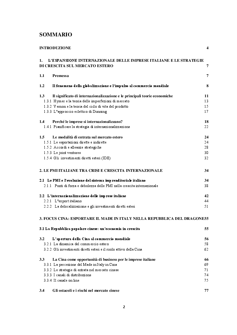 Indice della tesi: Qualità e strategie di internazionalizzazione delle PMI italiane: i risultati di un’indagine empirica sul settore arredo, Pagina 1