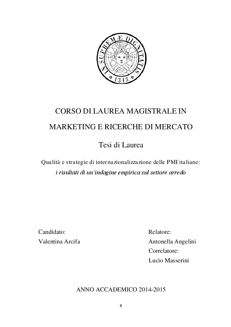 Anteprima della tesi: Qualità e strategie di internazionalizzazione delle PMI italiane: i risultati di un’indagine empirica sul settore arredo, Pagina 1