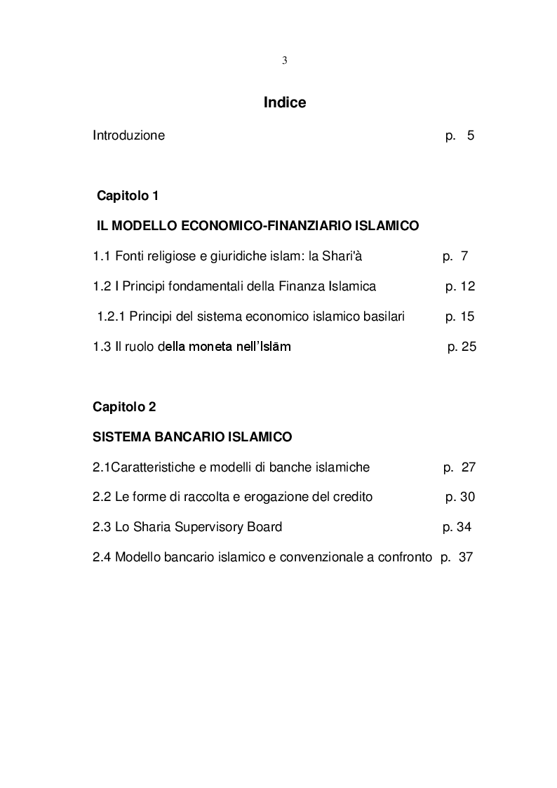 Indice della tesi: Islamic Banking, Pagina 1