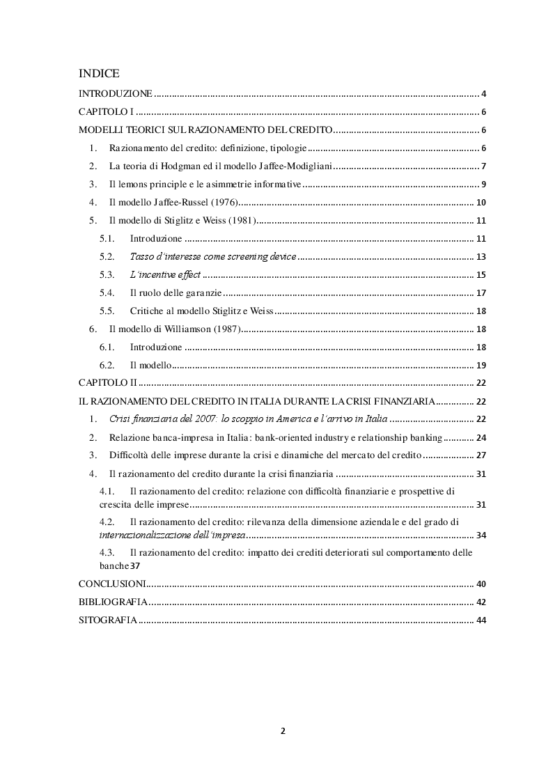 Indice della tesi: Il razionamento del credito in italia durante la crisi finanziaria , Pagina 1