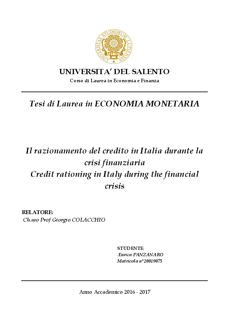 Anteprima della tesi: Il razionamento del credito in italia durante la crisi finanziaria , Pagina 1