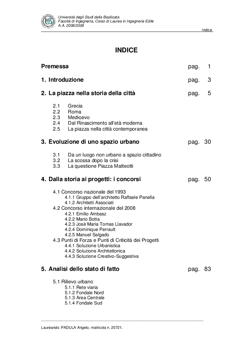 Indice della tesi: Evoluzione di uno spazio urbano tra storia e progetti: ''Piazza della Visitazione'' a Matera, Pagina 1