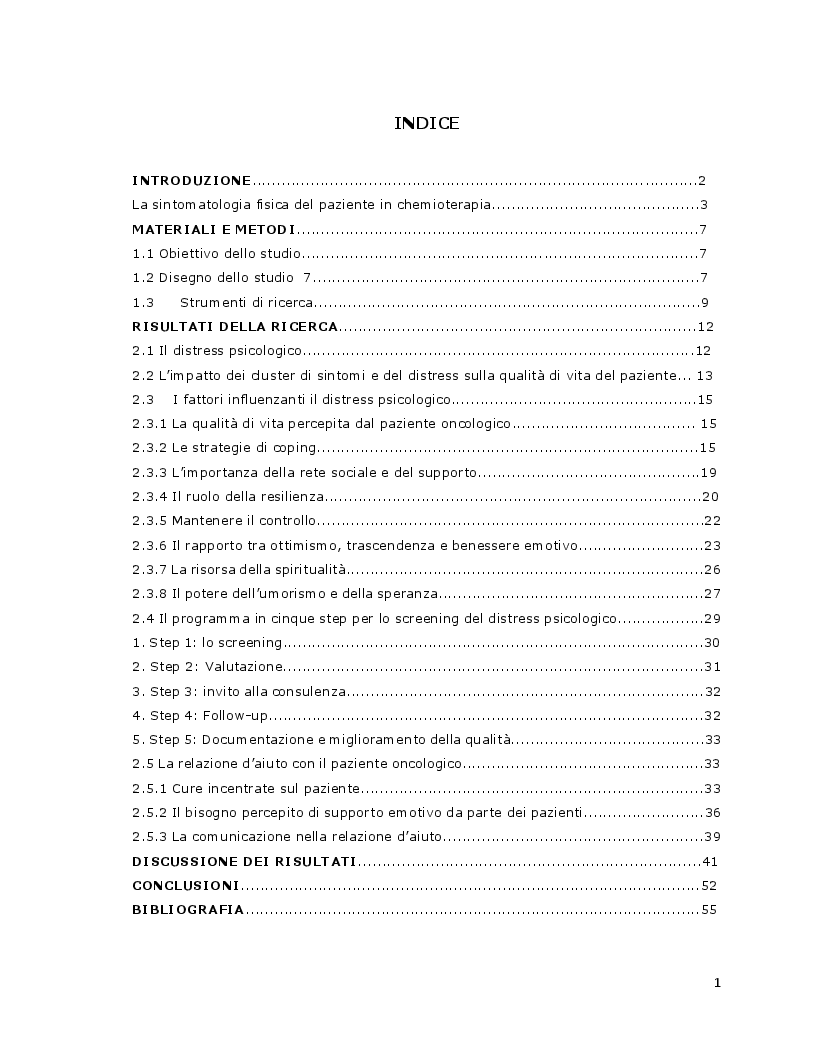 Indice della tesi: L'efficacia della relazione d'aiuto nella riduzione del distress psicologico del paziente con patologia oncologica sottoposto a terapia chemioterapica, Pagina 1