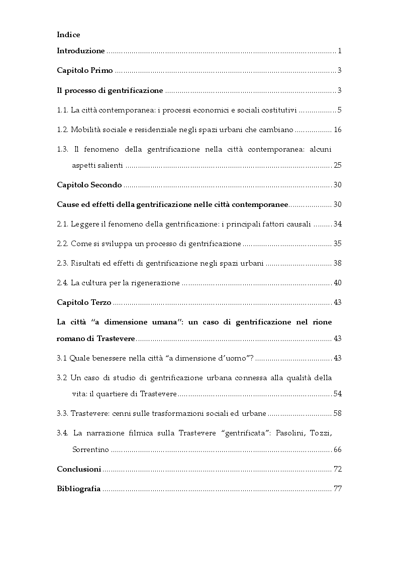 Indice della tesi: Gentrification, un fenomeno sociale delle città contemporanee, Pagina 1