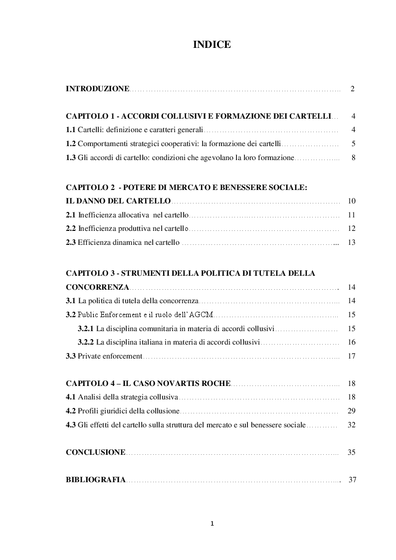 Indice della tesi: Formazione dei cartelli e strumenti di tutela della concorrenza. Il caso Novartis Roche, Pagina 1