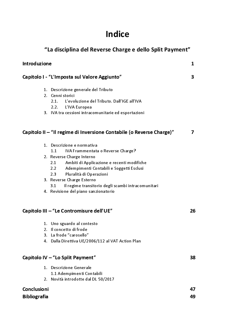 Indice della tesi: La disciplina del Reverse Charge e dello Split Payment, Pagina 1