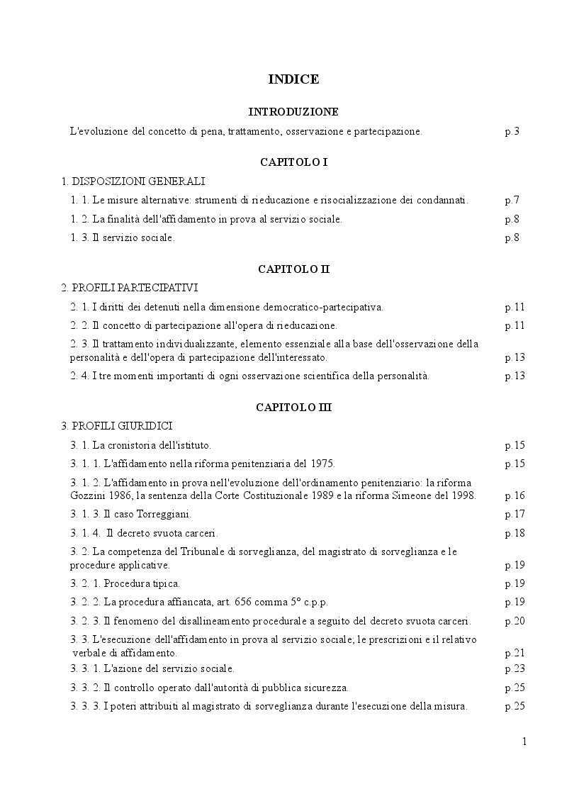 Indice della tesi: L'affidamento in Prova al Servizio Sociale: Profili Partecipativi e Giuridici, Pagina 1
