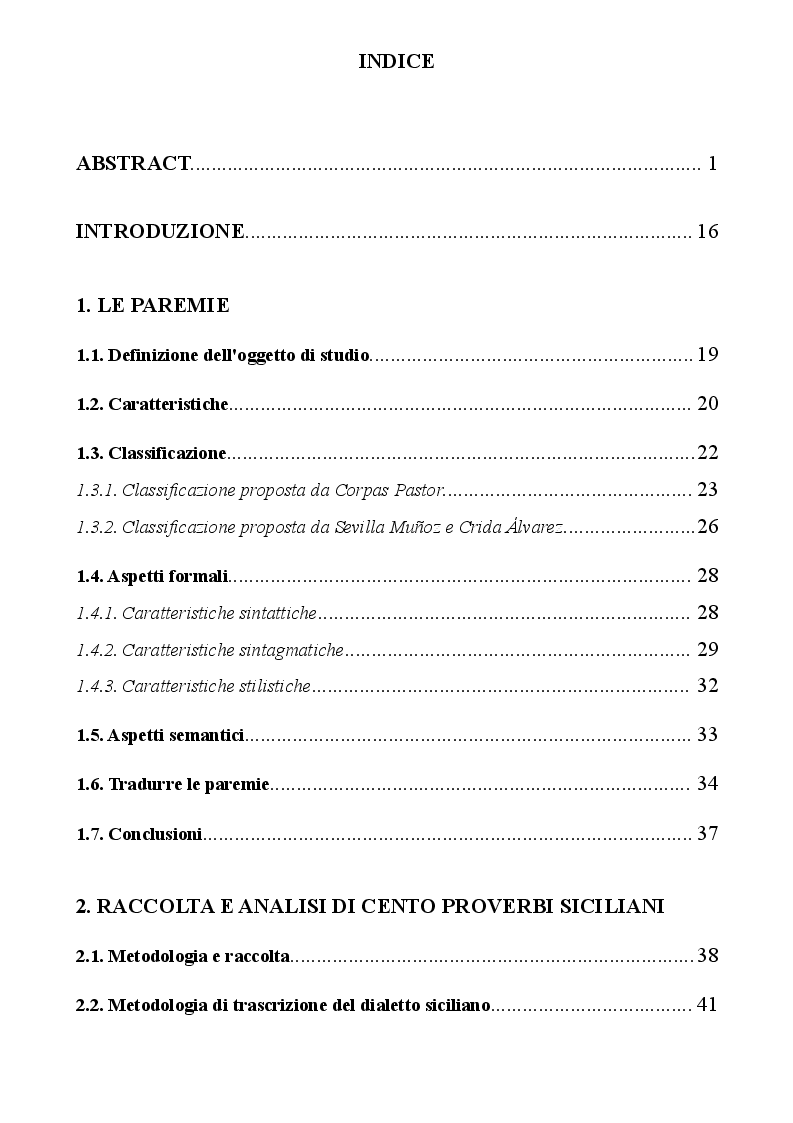 Indice della tesi: La paremia come espressione linguistica e culturale. Confronto tra il dialetto siciliano e la lingua spagnola, Pagina 1